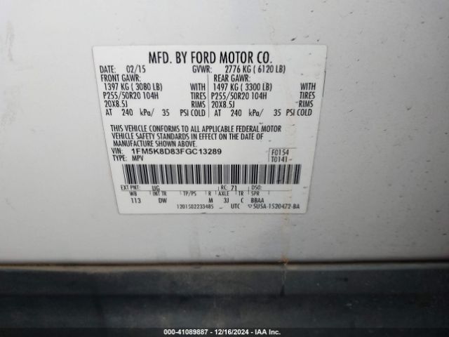1FM5K8D83FGC13289 Ford EXPLORER XLT