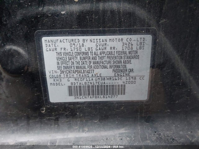 3N1CN7AP8KL814277 Nissan Versa 1.6 Sv