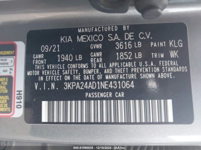 3KPA24AD1NE431064 KIA RIO S