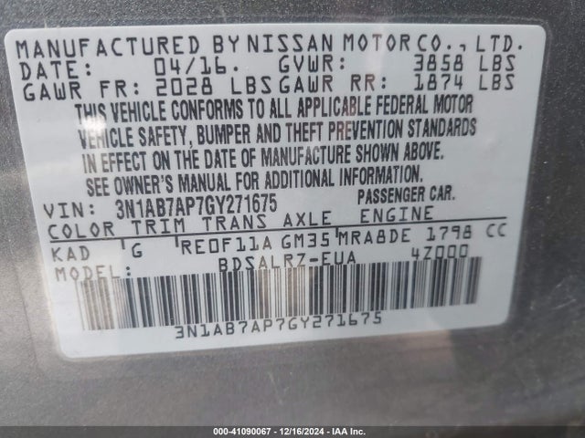 Nissan SENTRA SR 2016 3N1AB7AP7GY271675 Image 9