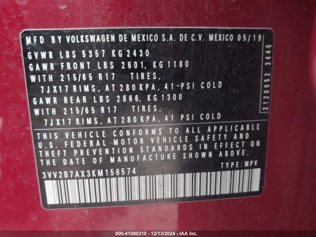 3VV2B7AX3KM156574 Volkswagen Tiguan 2.0t Se/2.0t Sel/2.0t Sel R-line/2.0t Sel R-line Black