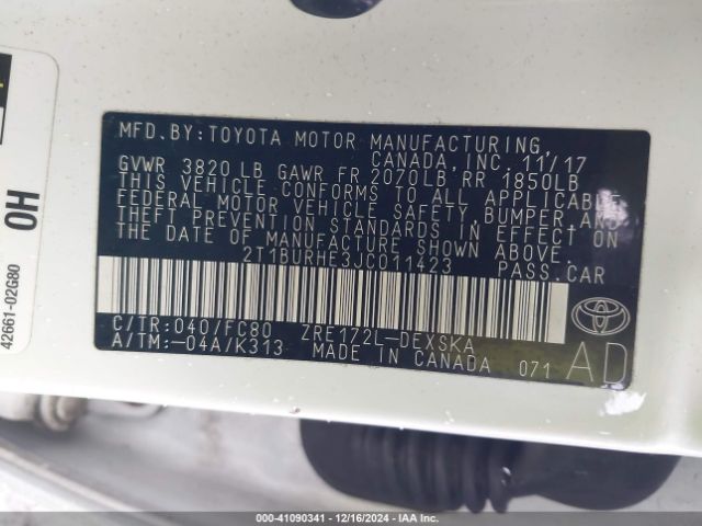 2T1BURHE3JC011423 Toyota Corolla L/le/xle/se/xse