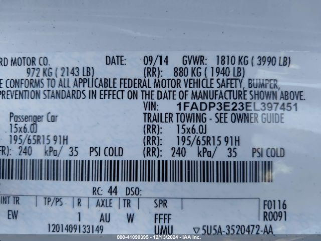 1FADP3E23EL397451 Ford FOCUS S