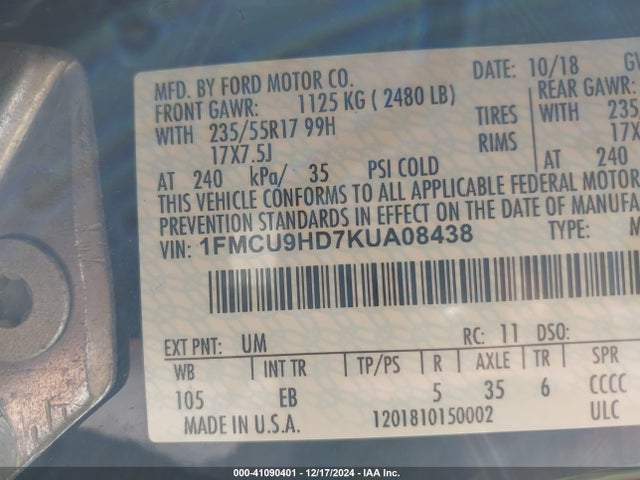 Ford ESCAPE SEL 2019 1FMCU9HD7KUA08438 Image 9
