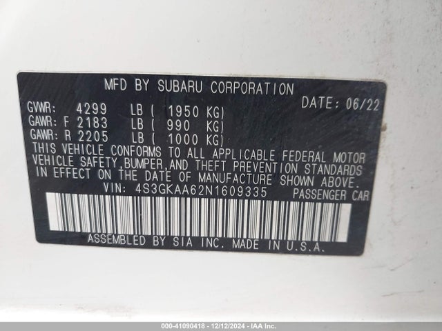 Subaru Impreza Base 2022 4S3GKAA62N1609335 Image 9