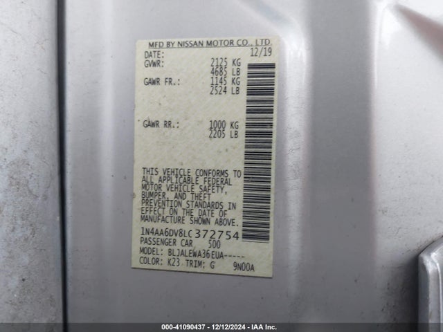 Nissan Maxima Sl Xtronic Cvt 2020 1N4AA6DV8LC372754 Image 9