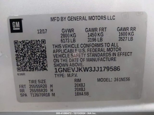 1GNEVJKW3JJ179586 Chevrolet Traverse Premier