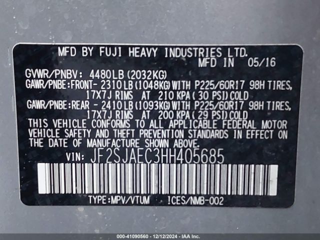 JF2SJAEC3HH405685 Subaru Forester 2.5i Premium