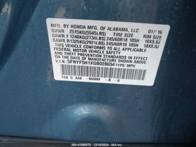 5FNYF5H1XGB028654 Honda PILOT LX