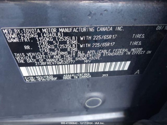 2T3BFREV7GW530777 Toyota RAV4 LE