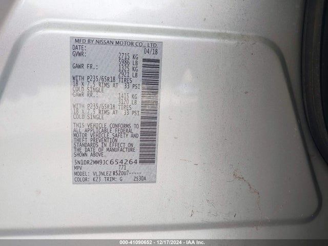 5N1DR2MM9JC654264 Nissan Pathfinder Sv