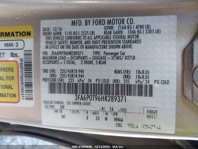 Ford FUSION SE 2017 3FA6P0T96HR289371 Image 9