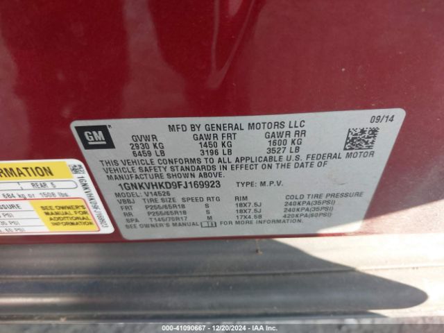 1GNKVHKD9FJ169923 Chevrolet Traverse 2lt