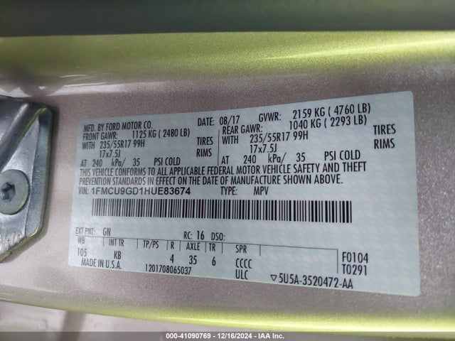 Ford ESCAPE SE 2017 1FMCU9GD1HUE83674 Image 9
