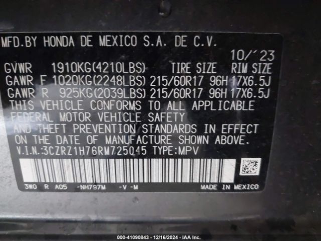 3CZRZ1H76RM725045 Honda Hr-v 2wd Ex-l/2wd Ex-l W/o Bsi
