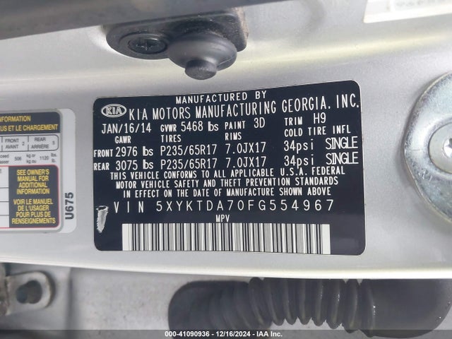KIA Sorento Lx V6 2015 5XYKTDA70FG554967 Image 9