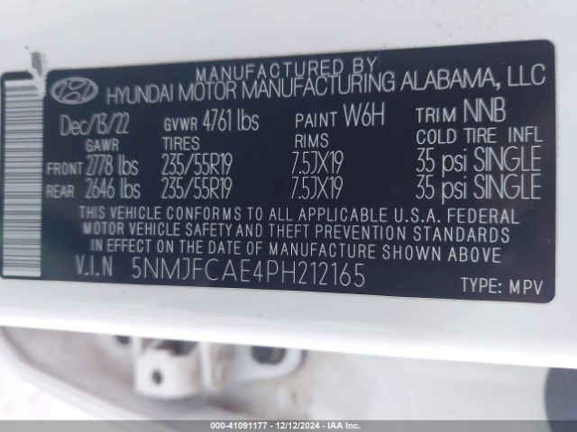 5NMJFCAE4PH212165 Hyundai TUCSON SEL