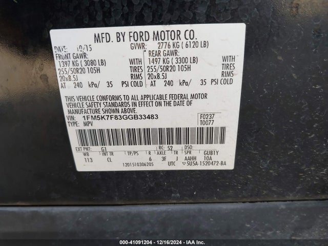 1FM5K7F83GGB33483 Ford Explorer Limited
