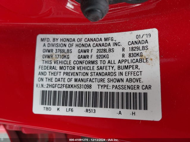Honda Civic Lx 2019 2HGFC2F6XKH531098 Image 9
