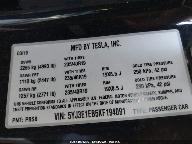 2019 TESLA MODEL 3 5YJ3E1EB5KF194091 Photo 8