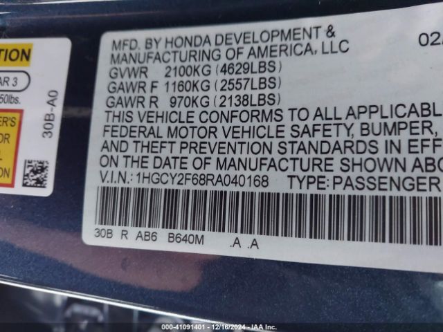 1HGCY2F68RA040168 Honda Accord Hybrid Ex-l