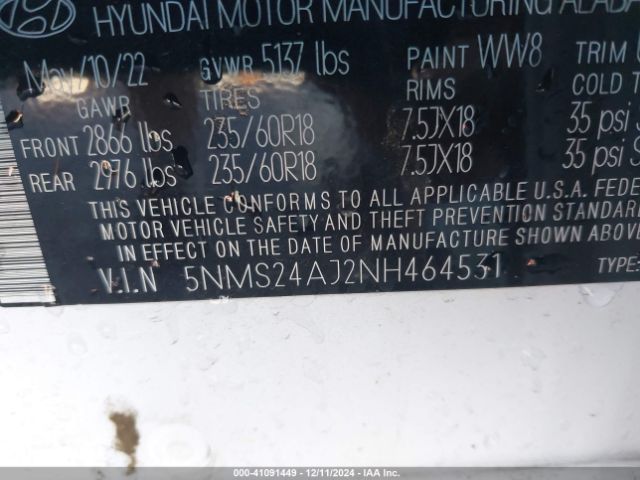 5NMS24AJ2NH464531 Hyundai Santa Fe Sel