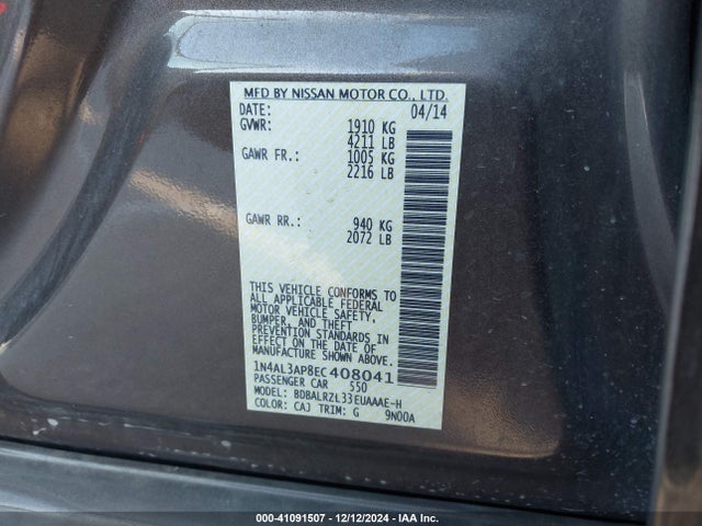 Nissan Altima 2.5 S 2014 1N4AL3AP8EC408041 Image 9