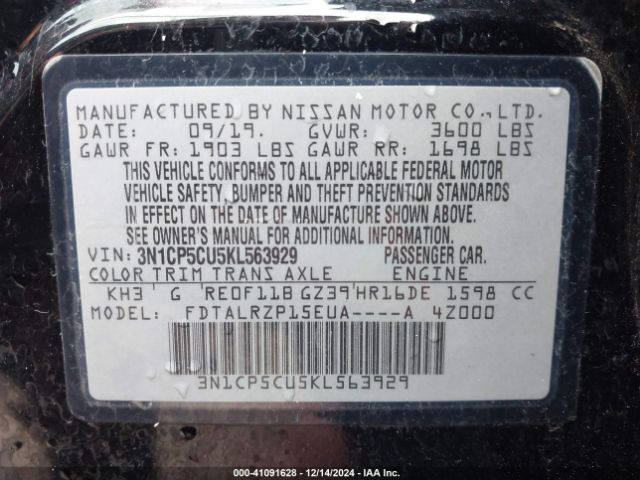 3N1CP5CU5KL563929 Nissan KICKS S