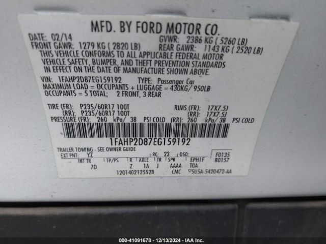 1FAHP2D87EG159192 Ford TAURUS SE
