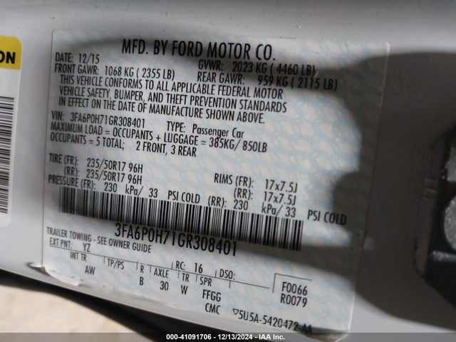 Ford FUSION SE 2016 3FA6P0H71GR308401 Image 9