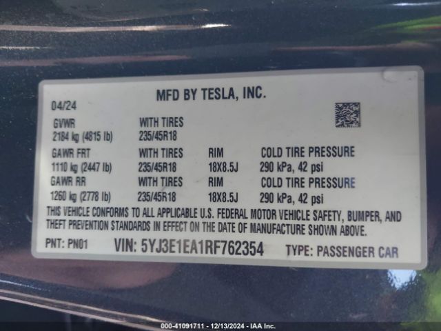 5YJ3E1EA1RF762354 Tesla Model 3 Long Range Dual Motor All-wheel Drive/rear-wheel Drive