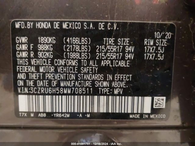 3CZRU6H58MM708511 Honda Hr-v Awd Ex