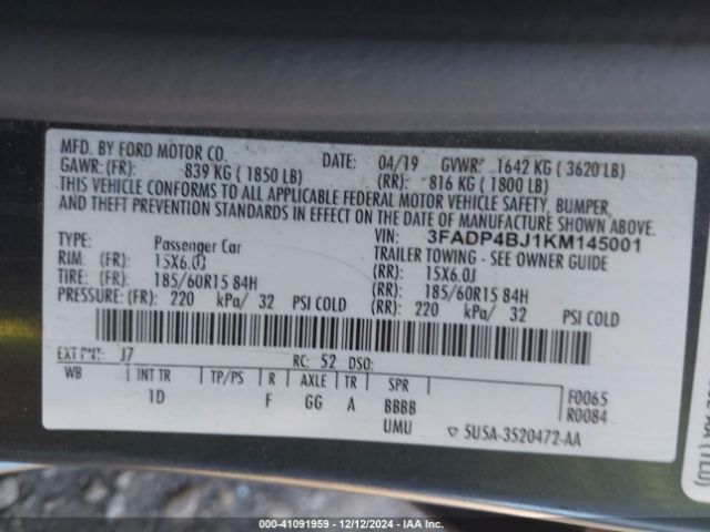 3FADP4BJ1KM145001 Ford FIESTA SE