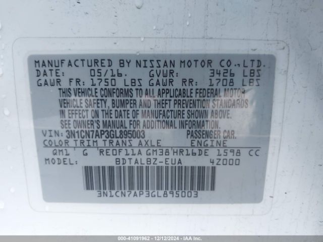 3N1CN7AP3GL895003 Nissan Versa 1.6 S/1.6 S+/1.6 Sl/1.6 Sv