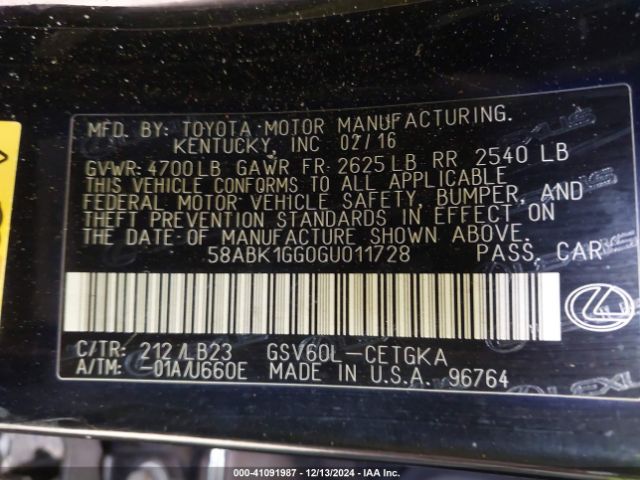 58ABK1GG0GU011728 Lexus ES 350