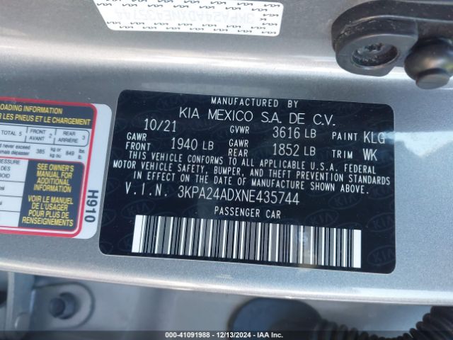 3KPA24ADXNE435744 KIA RIO S