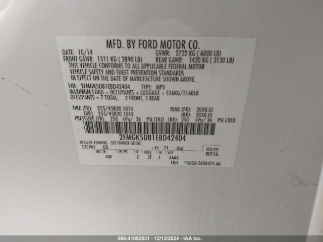 2FMGK5D81EBD42404 Ford Flex Limited