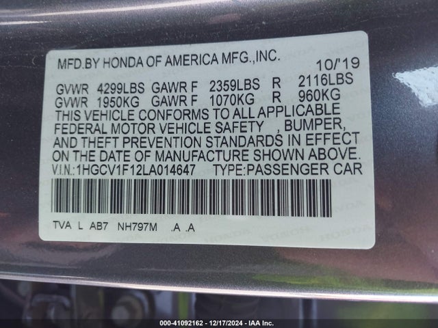 Honda ACCORD LX 2020 1HGCV1F12LA014647 Image 9