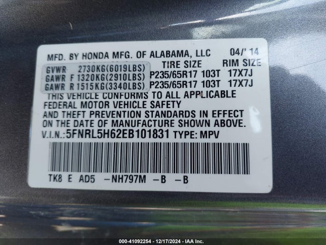 Honda Odyssey Ex-l 2014 5FNRL5H62EB101831 Image 9
