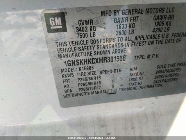1GNSKHKCXHR301558 Chevrolet Suburban Lt