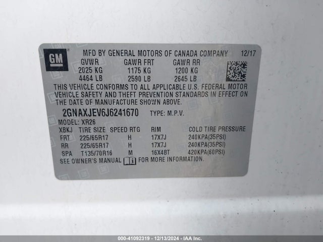 2GNAXJEV6J6241670 Chevrolet EQUINOX LT