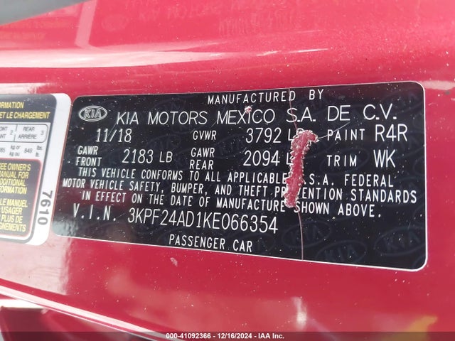 3KPF24AD1KE066354 KIA Forte Lxs