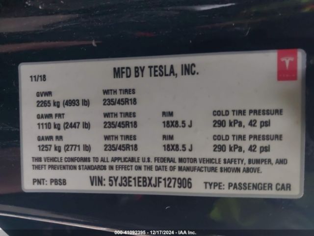 5YJ3E1EBXJF127906 Tesla Model 3 Long Range/performance