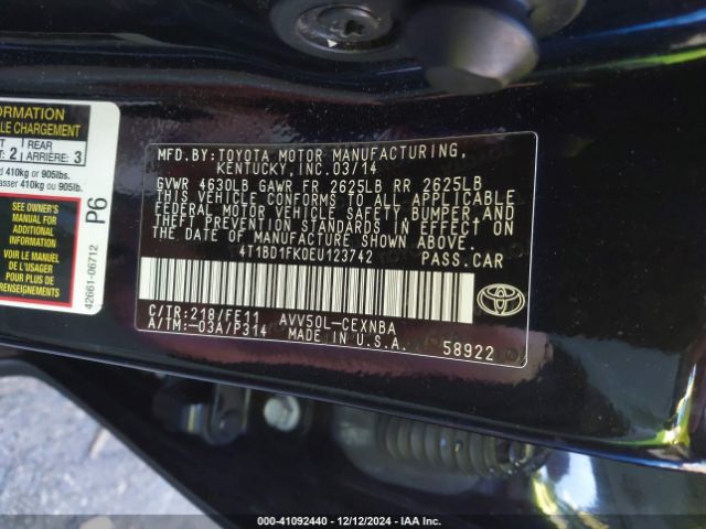 4T1BD1FK0EU123742 Toyota Camry Hybrid Le