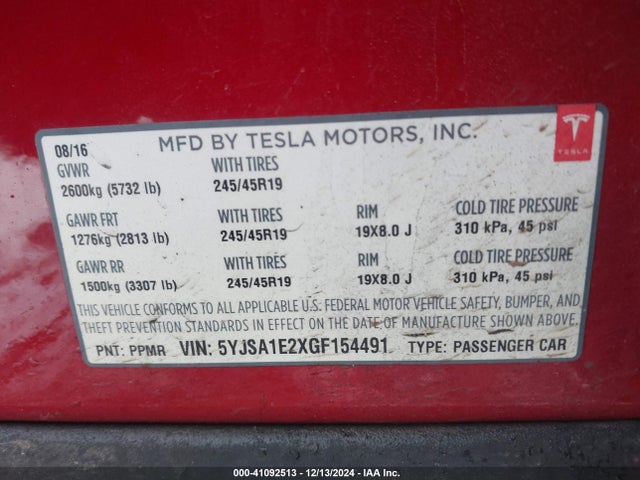 2016 TESLA MODEL S 5YJSA1E2XGF154491 Photo 8