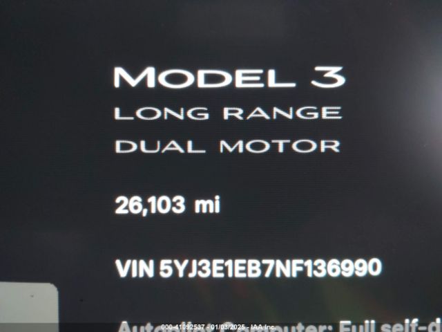 5YJ3E1EB7NF136990 Tesla Model 3 Long Range Dual Motor All-wheel Drive