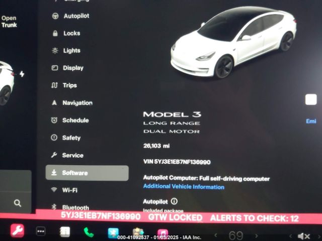 5YJ3E1EB7NF136990 Tesla Model 3 Long Range Dual Motor All-wheel Drive