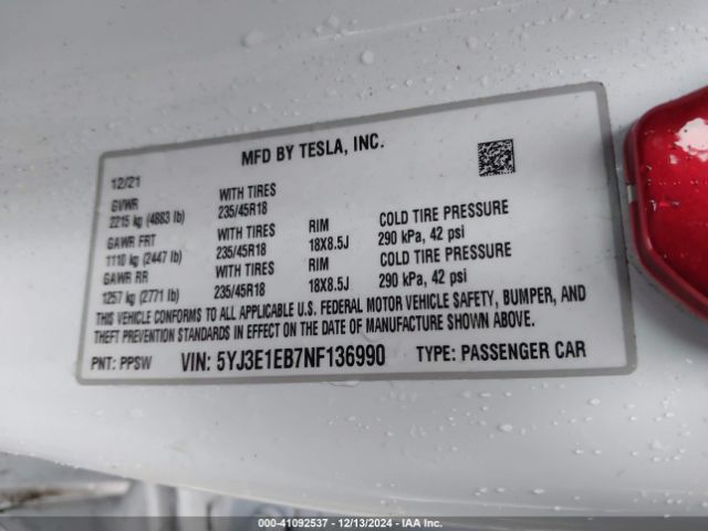 5YJ3E1EB7NF136990 Tesla Model 3 Long Range Dual Motor All-wheel Drive