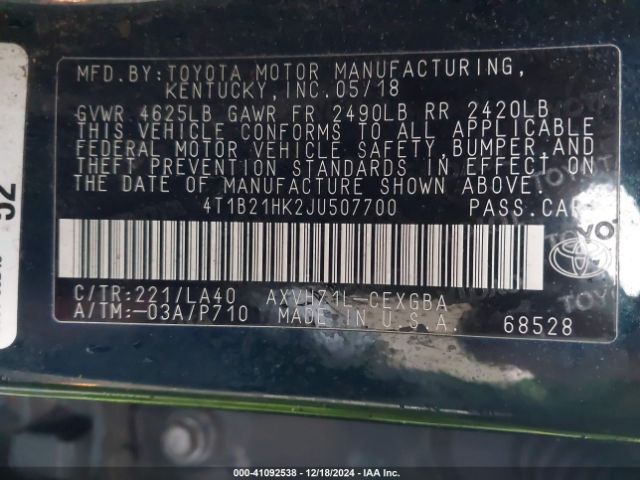 4T1B21HK2JU507700 Toyota Camry Hybrid Xle