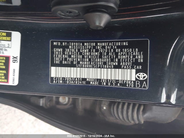 5YFBURHE5EP118849 Toyota COROLLA L